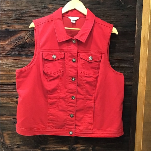 CJ Banks Jackets & Blazers - CJ Banks Denim Jean Vest Red Sleeveless Jacket Vest Stretch Button Down SZ 1X